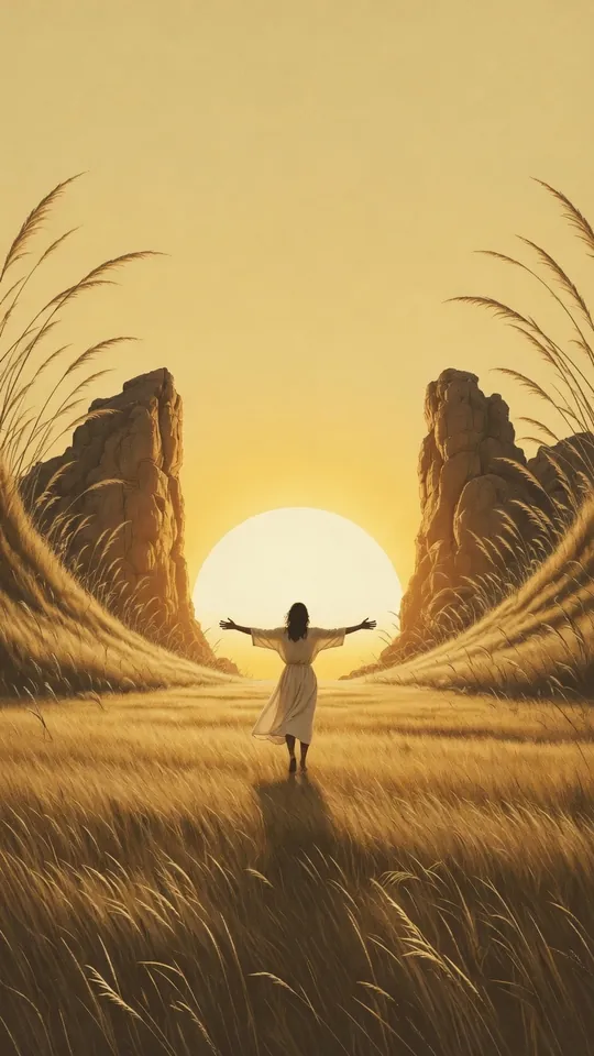 A traveller opens their arms in golden grass, a low sun between two pillars of rock.