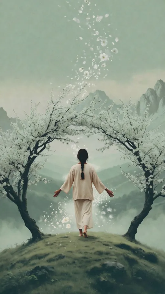 A traveller walks with open arms between two blossoming trees on a green hill, petals rising.