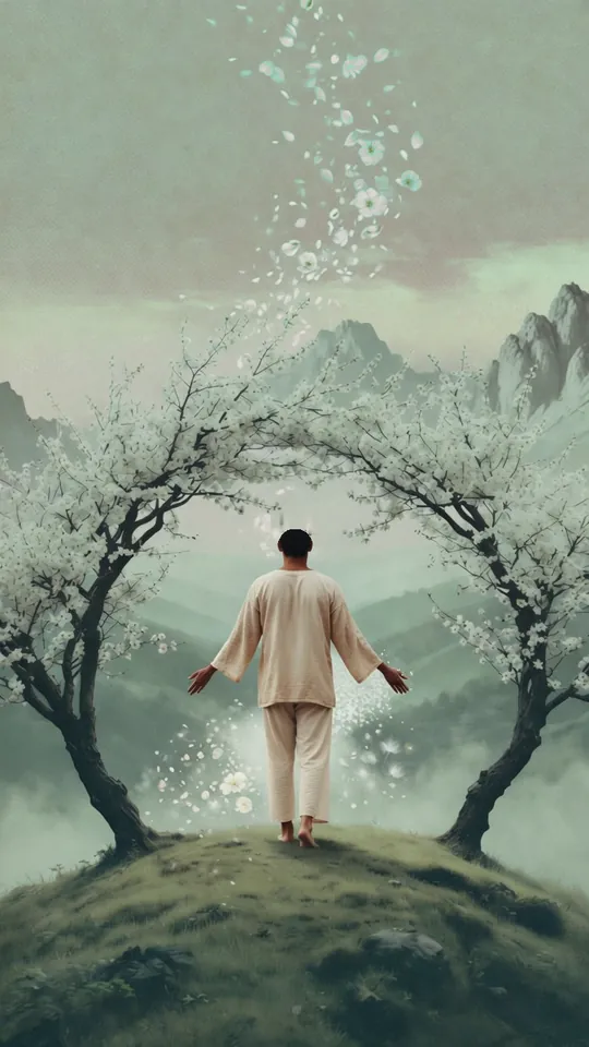 A traveller walks with open arms between two blossoming trees on a green hill, petals rising.