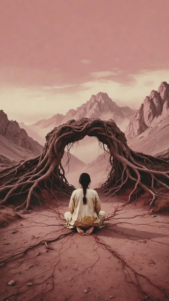 A traveller kneels before a gate of great roots, rose-clay mountains beyond.