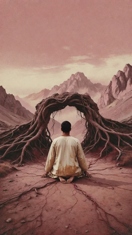 A traveller kneels before a gate of great roots, rose-clay mountains beyond.